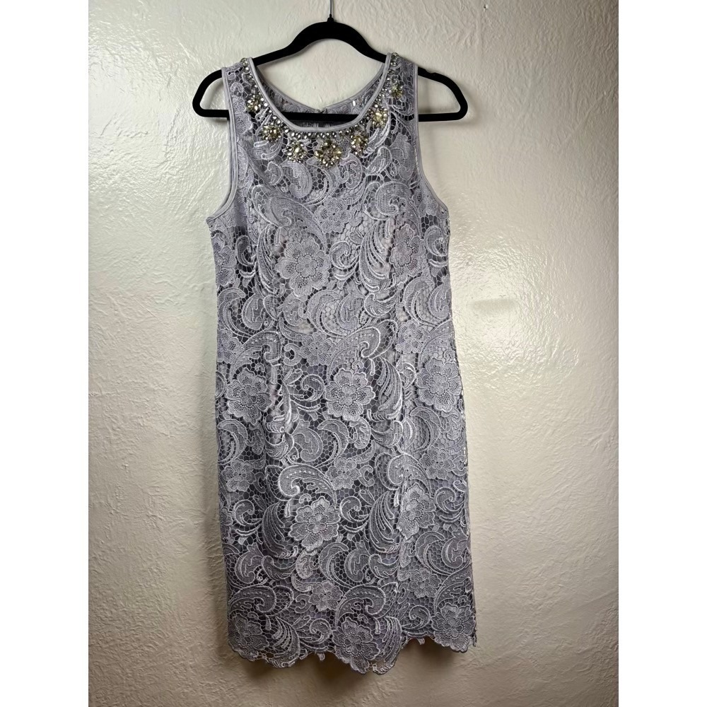 Adrianna Papell Lace Sheath Dress Womens 14 Lavender Grey Embellished Wedding